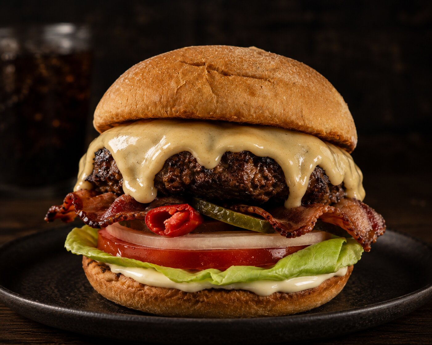 A Butch Burger with bacon, melted cheddar and sauce running down the side