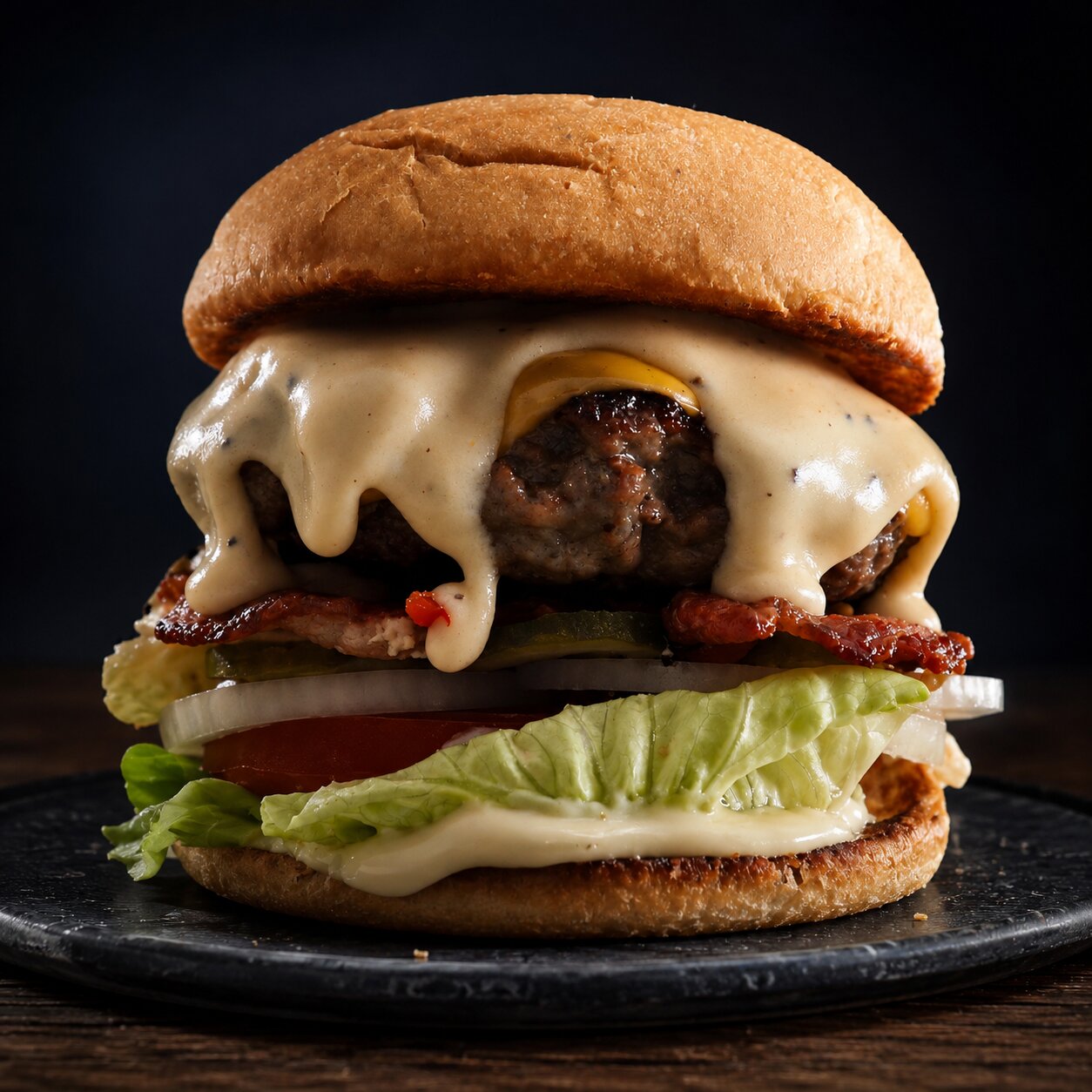 A Butch Burger stacked with bacon, lettuce and cheese sauce flowing over the patty