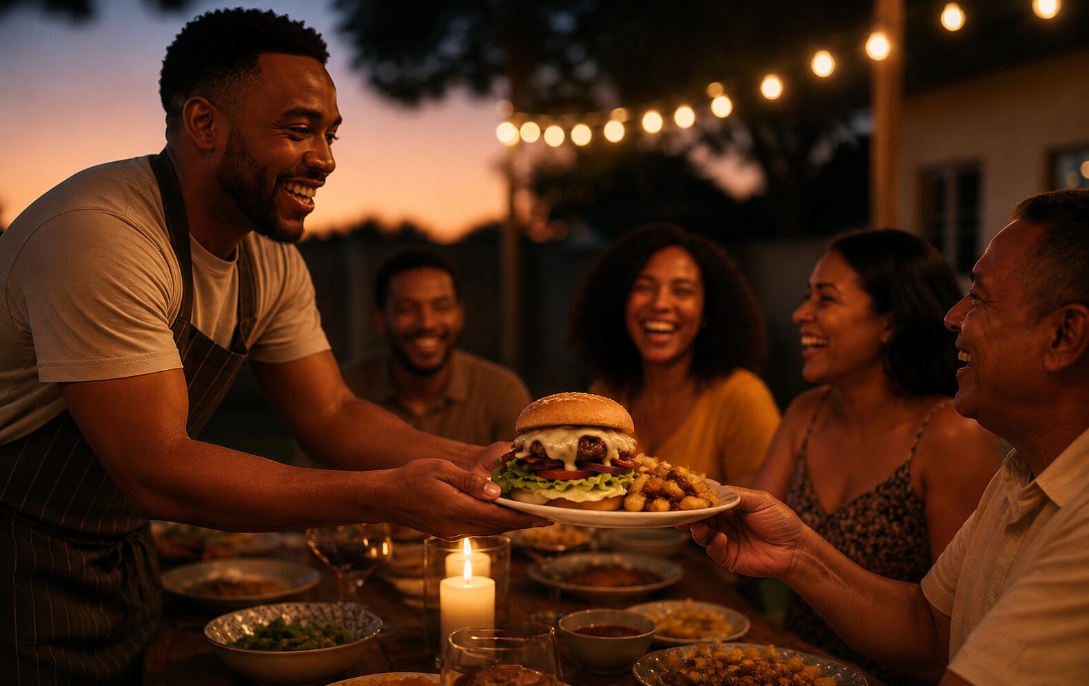 Friends around an outdoor table at dusk as the host hands over a burger and chips
