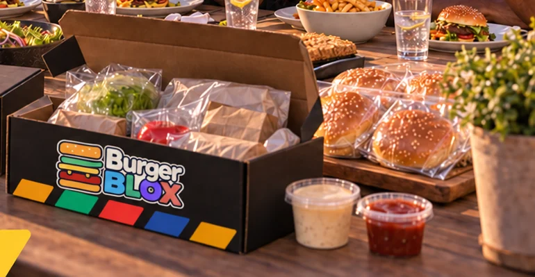 Open BurgerBLOX kit with wrapped components, buns and sauce tubs