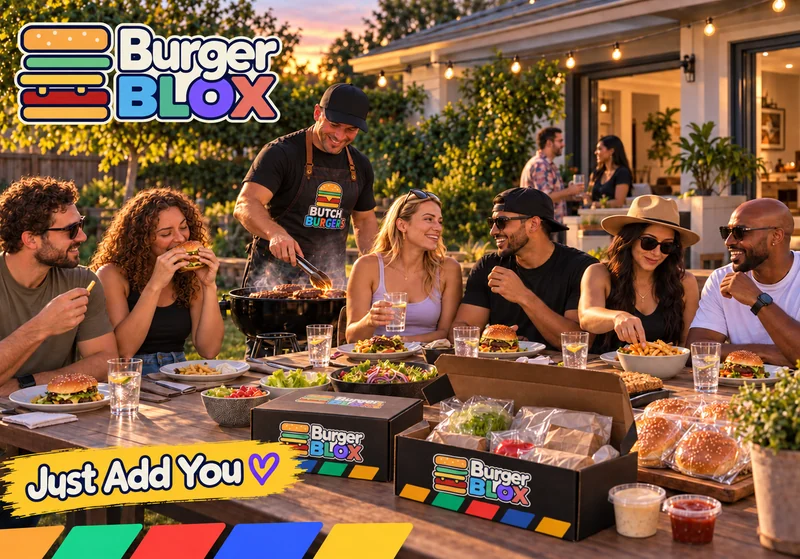 Friends enjoying burgers at a home braai with opened BurgerBLOX kits on the table