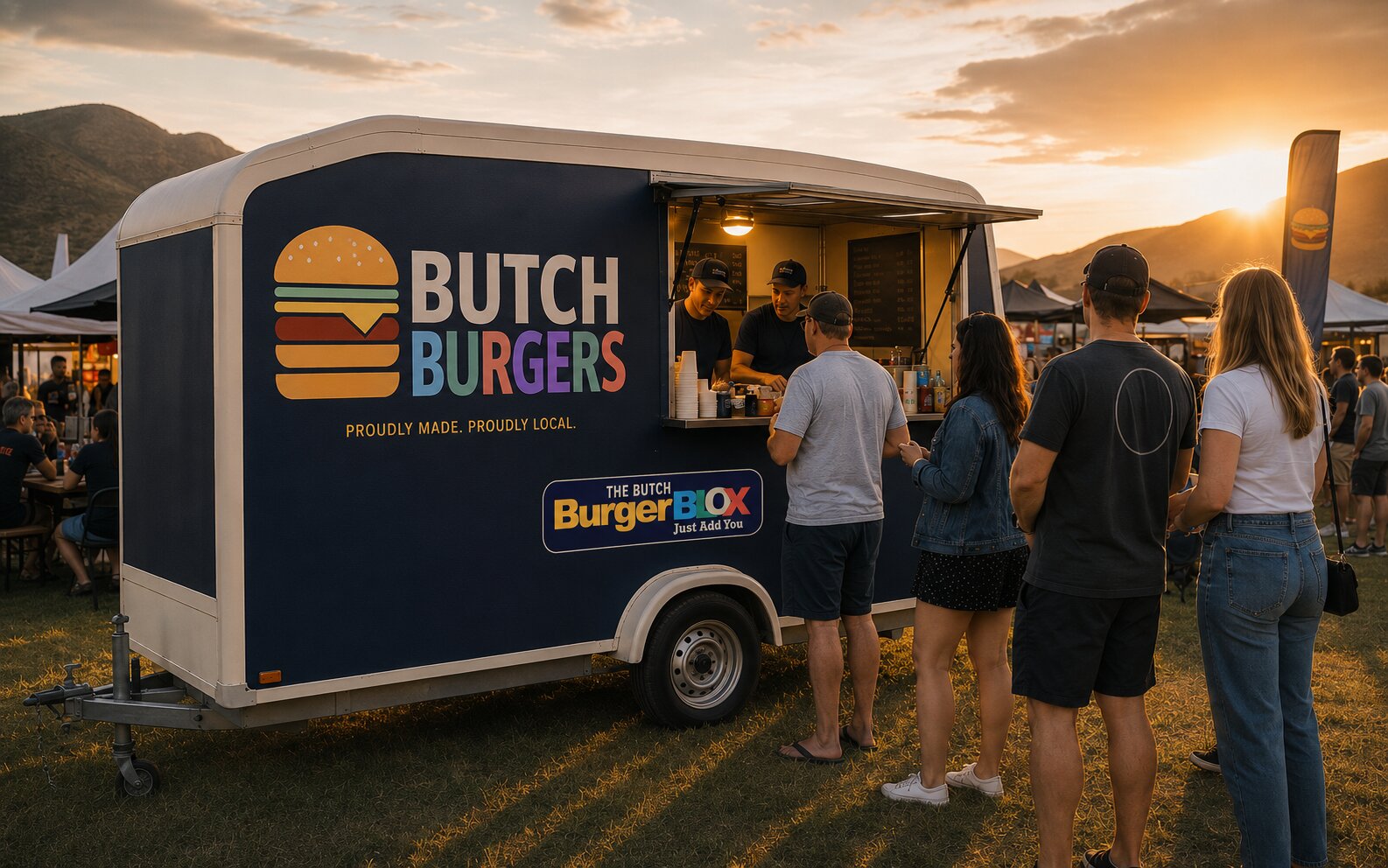 The Butch Burgers food trailer serving at an outdoor food market at sunset